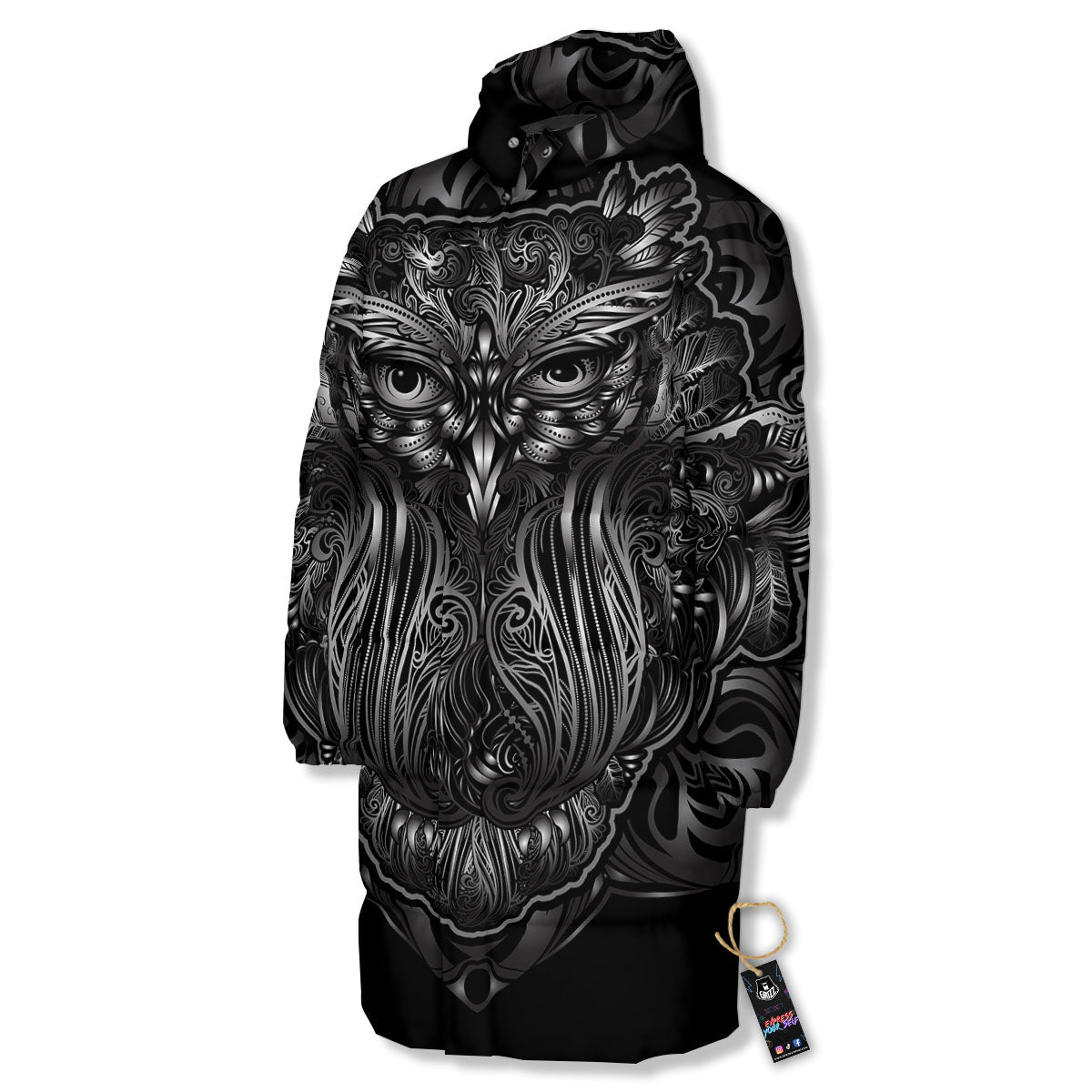 Spiritual Owl Sliver Print Long Down Jacket-grizzshop