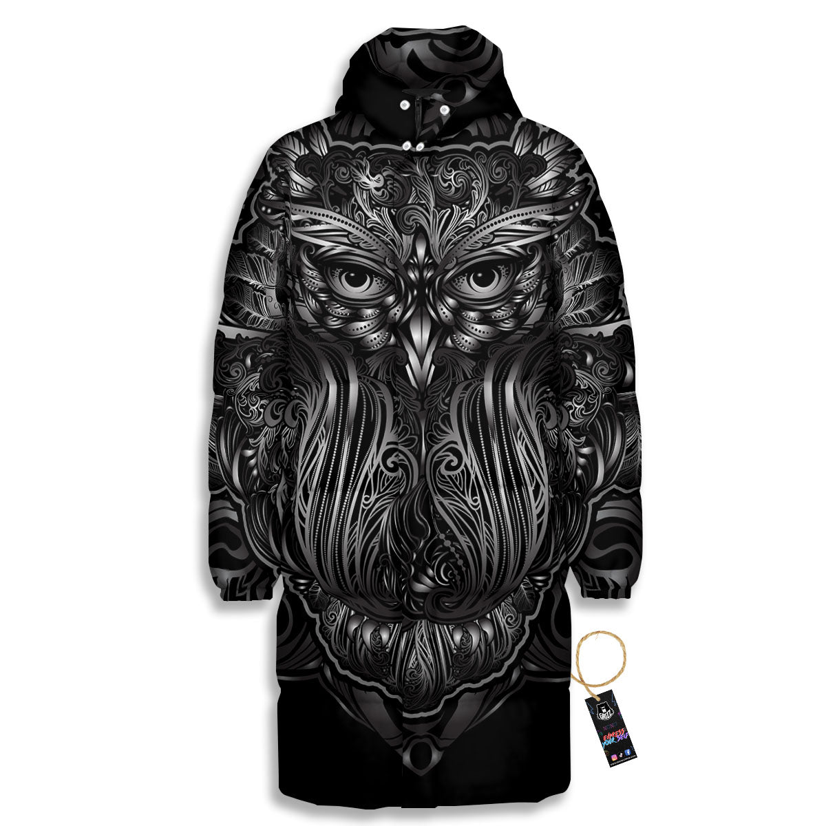 Spiritual Owl Sliver Print Long Down Jacket-grizzshop