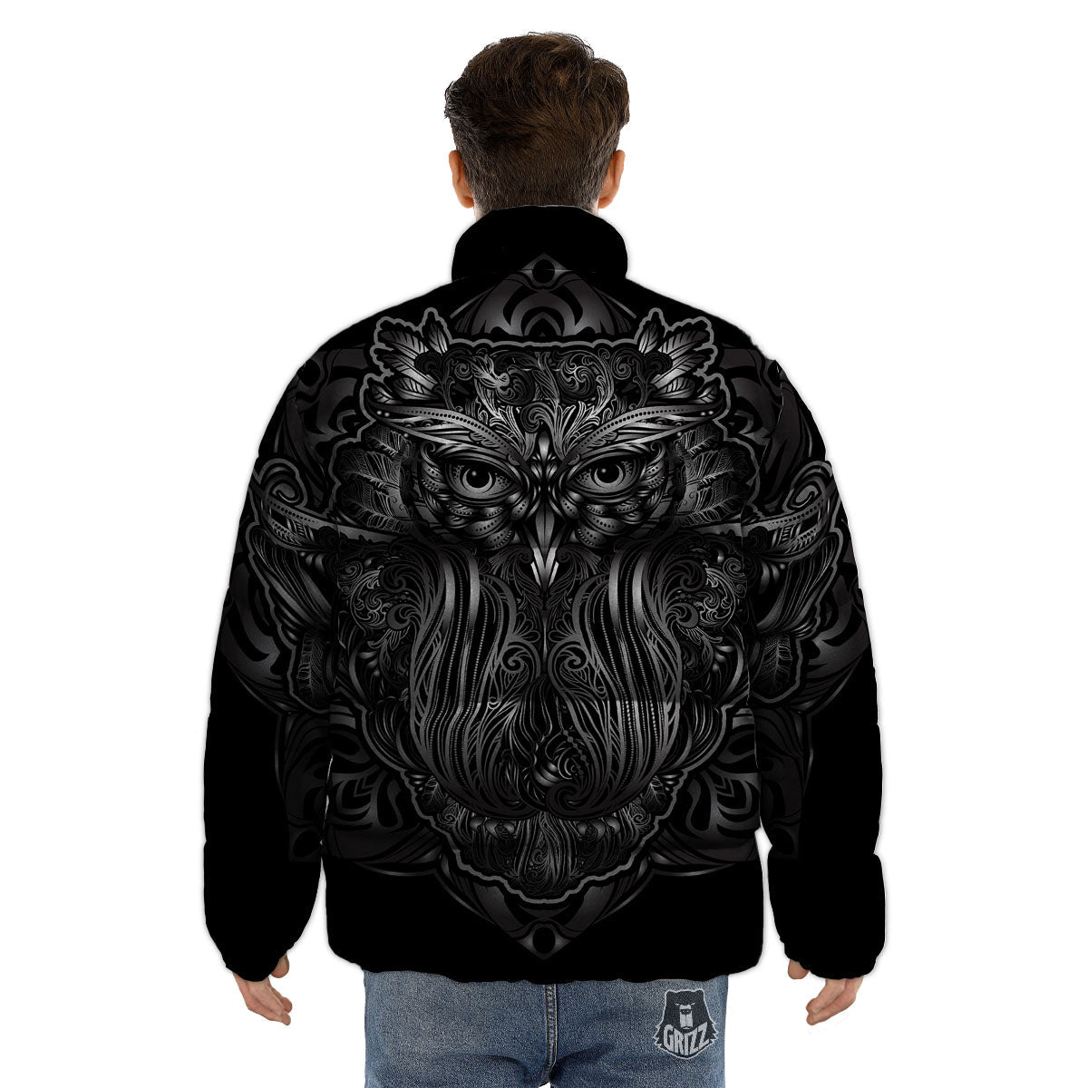 Spiritual Owl Sliver Print Puffer Jacket-grizzshop