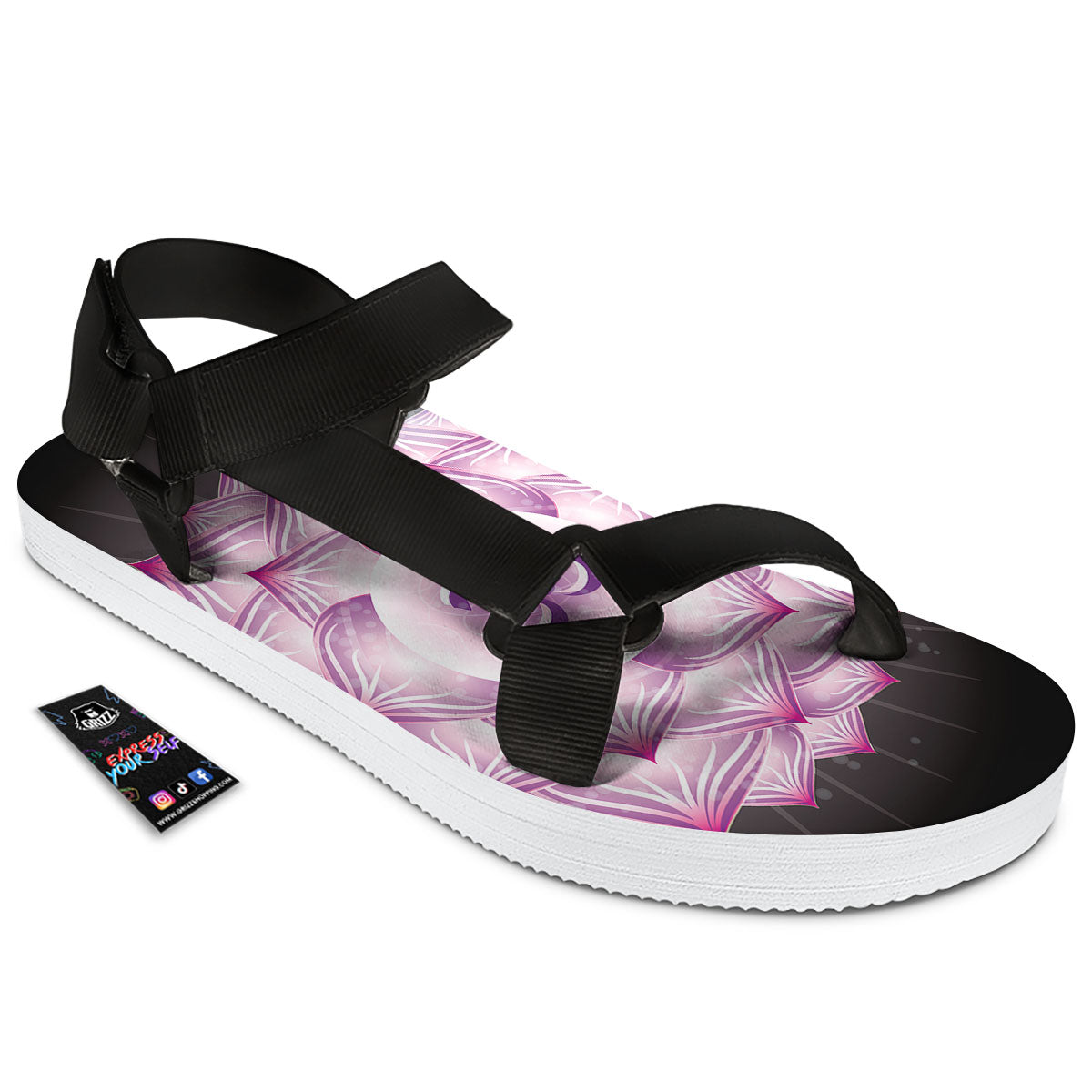 Spiritual Sahasrara Chakra Print Black Open Toe Sandals-grizzshop