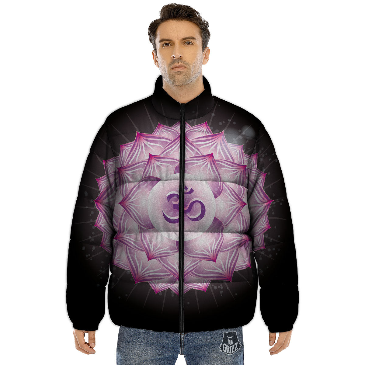 Spiritual Sahasrara Chakra Print Puffer Jacket-grizzshop