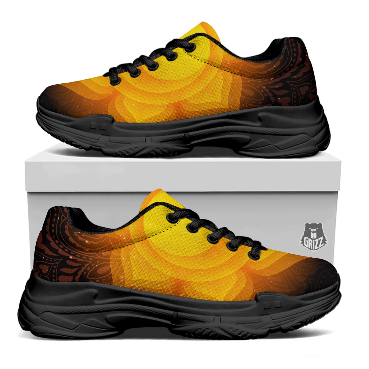 Spiritual Swadhisthana Chakra Print Black Chunky Shoes-grizzshop