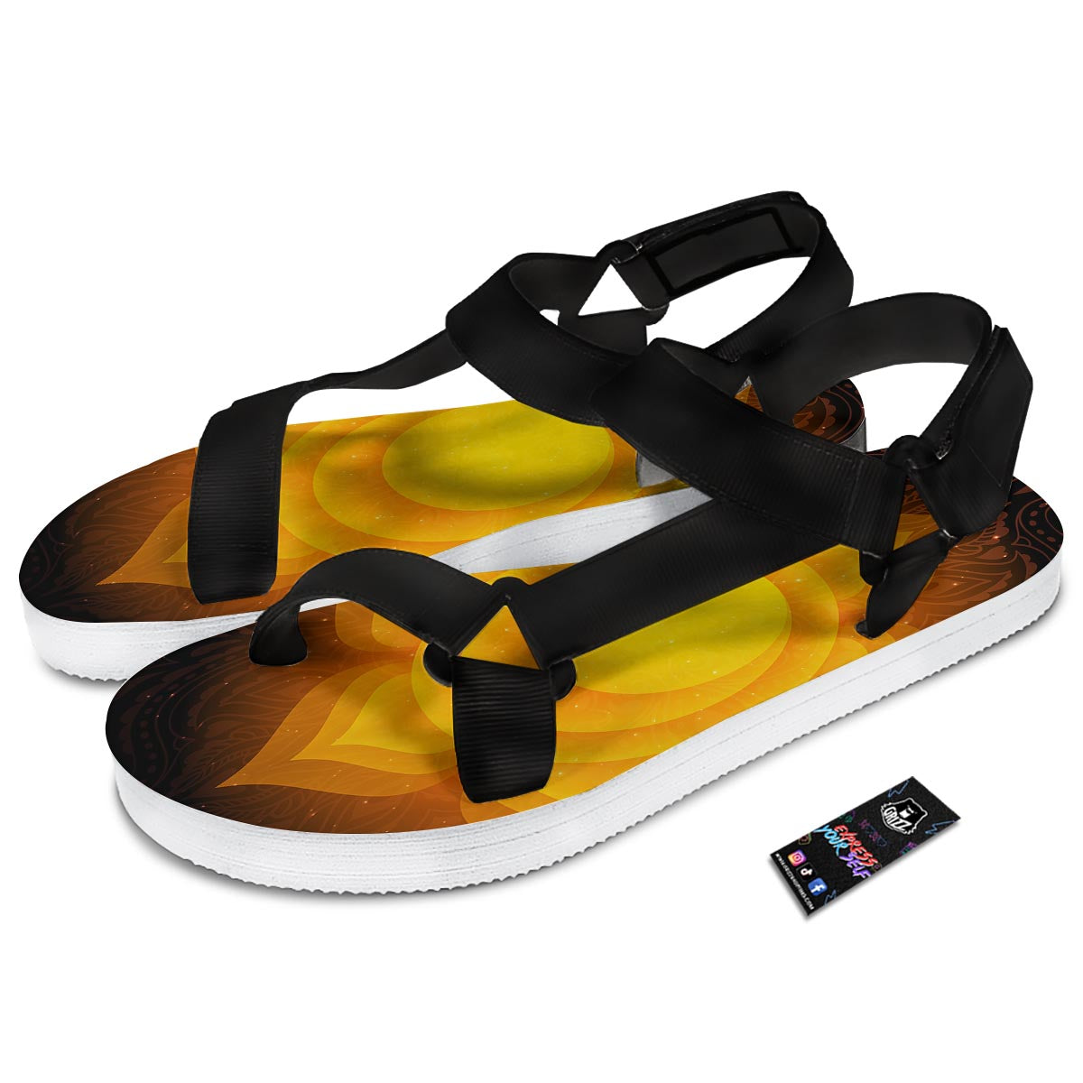 Spiritual Swadhisthana Chakra Print Black Open Toe Sandals-grizzshop