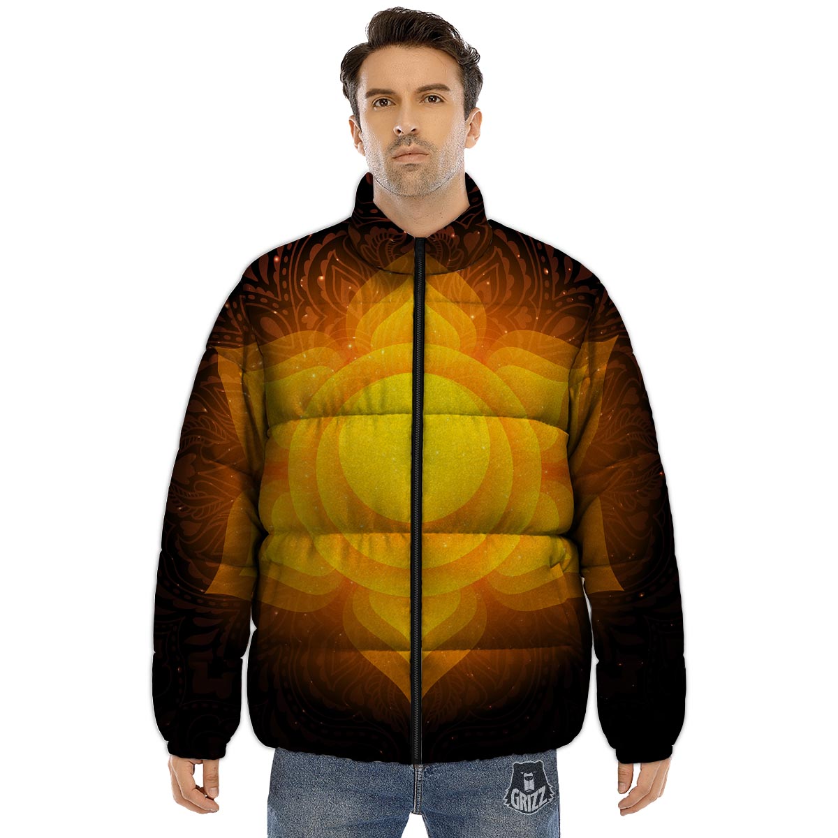Spiritual Swadhisthana Chakra Print Puffer Jacket-grizzshop
