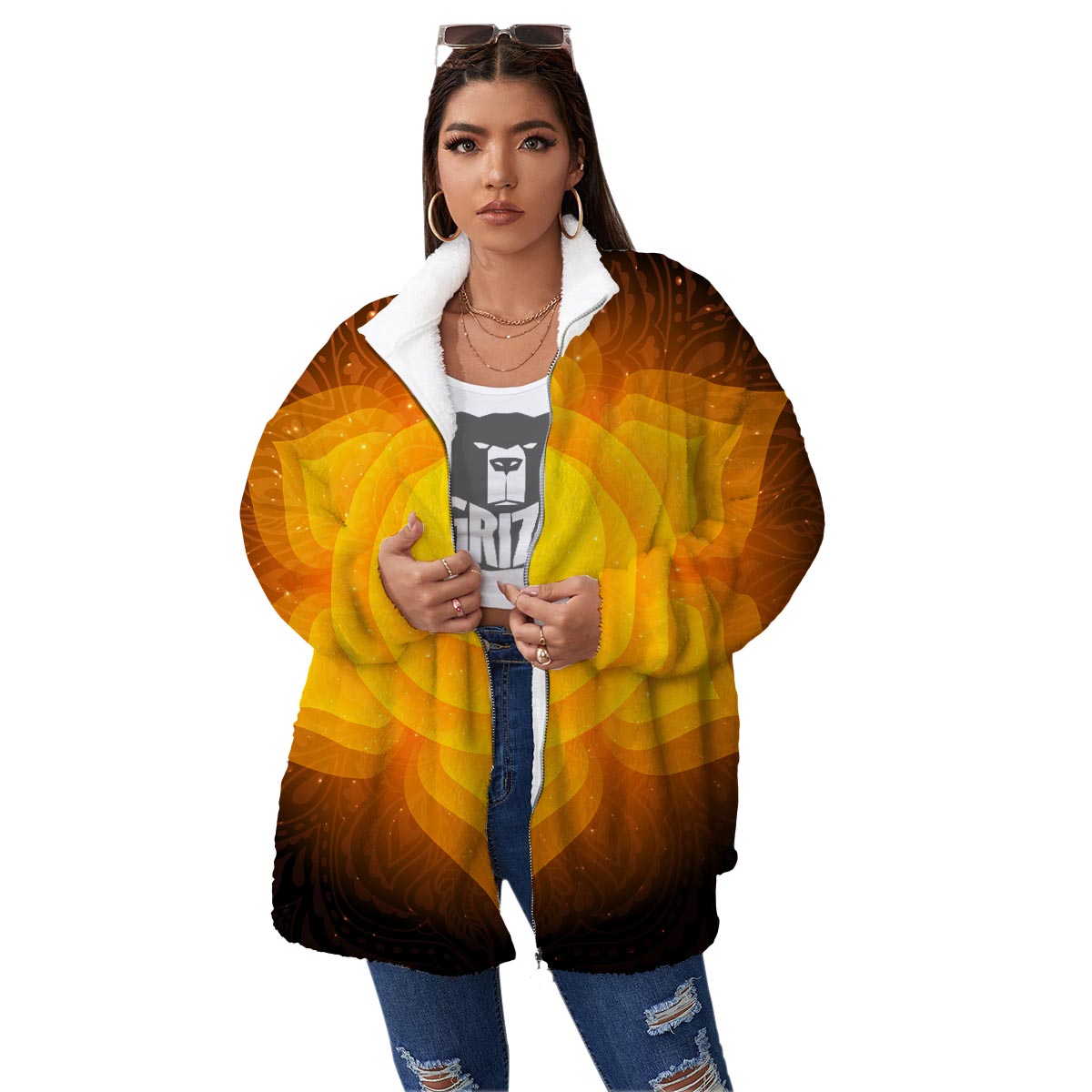 Spiritual Swadhisthana Chakra Print Women's Sherpa Jacket-grizzshop