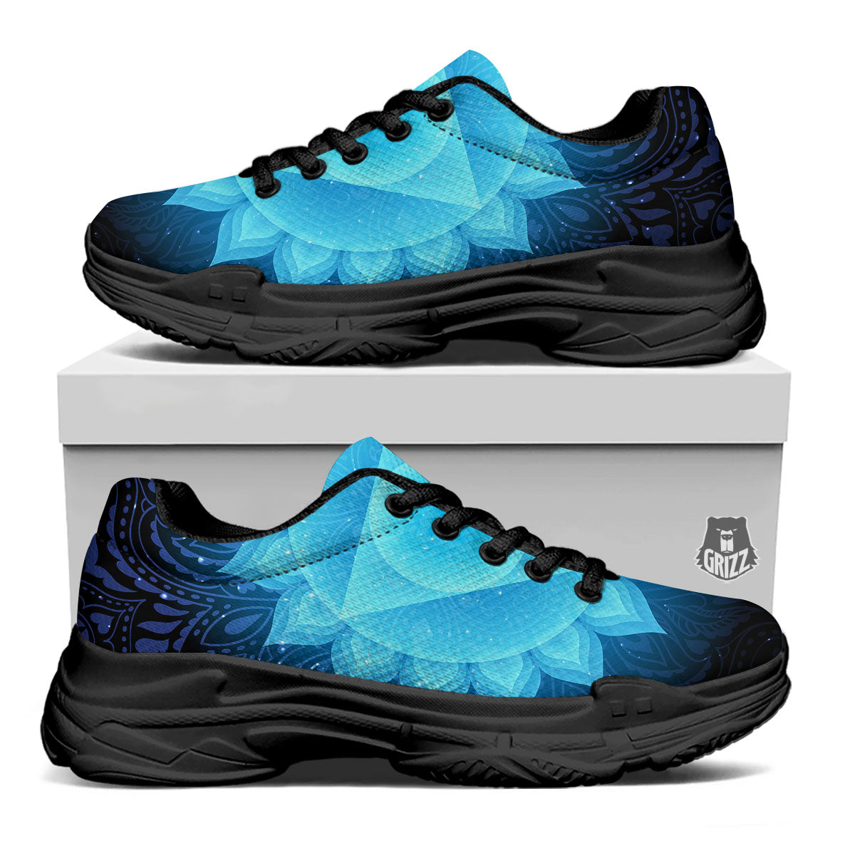 Spiritual Vishuddha Chakra Print Black Chunky Shoes-grizzshop