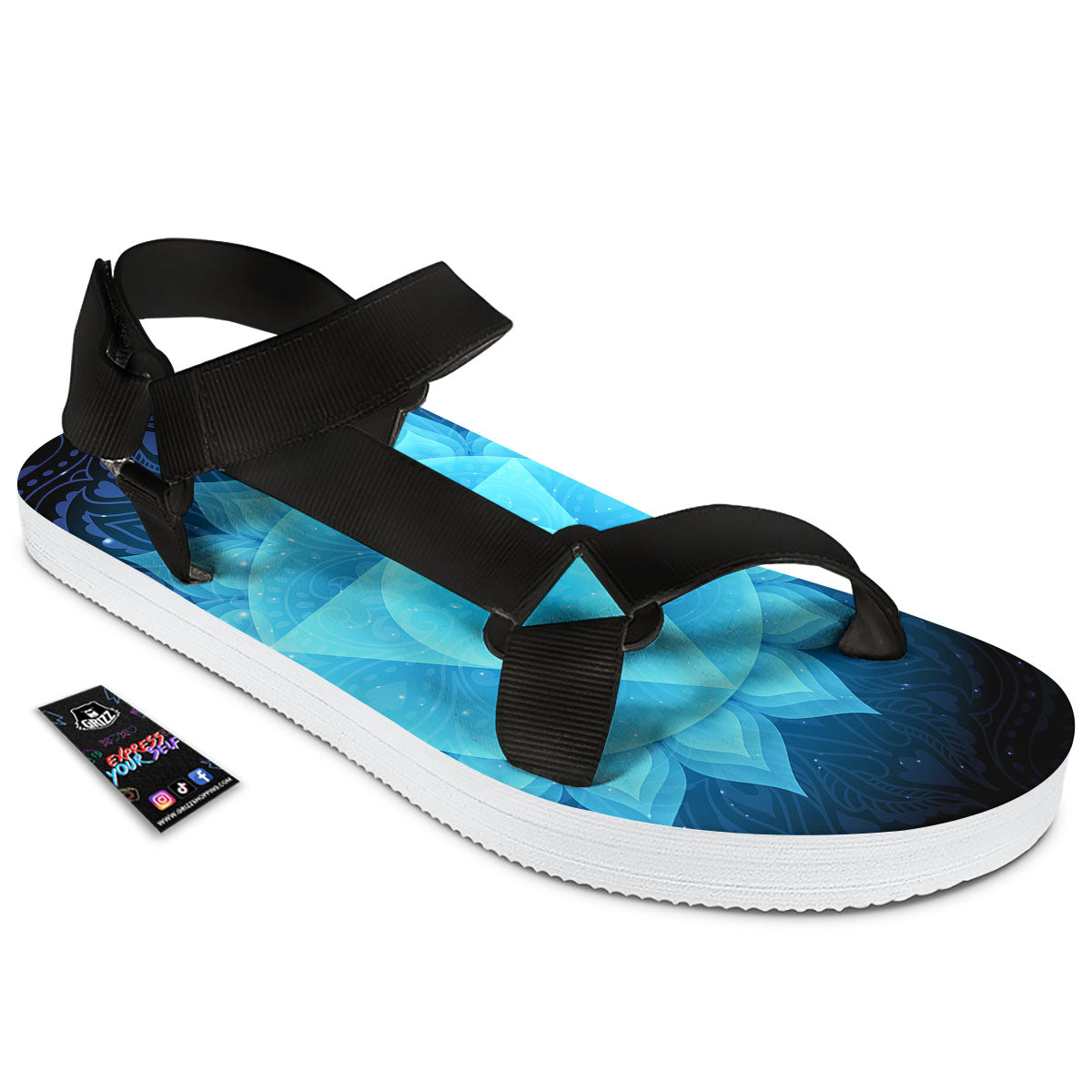 Spiritual Vishuddha Chakra Print Black Open Toe Sandals-grizzshop