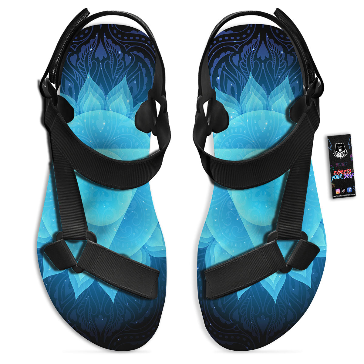 Spiritual Vishuddha Chakra Print Black Open Toe Sandals-grizzshop