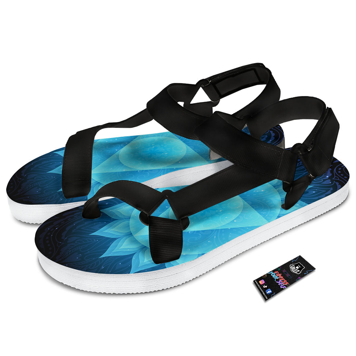 Spiritual Vishuddha Chakra Print Black Open Toe Sandals-grizzshop