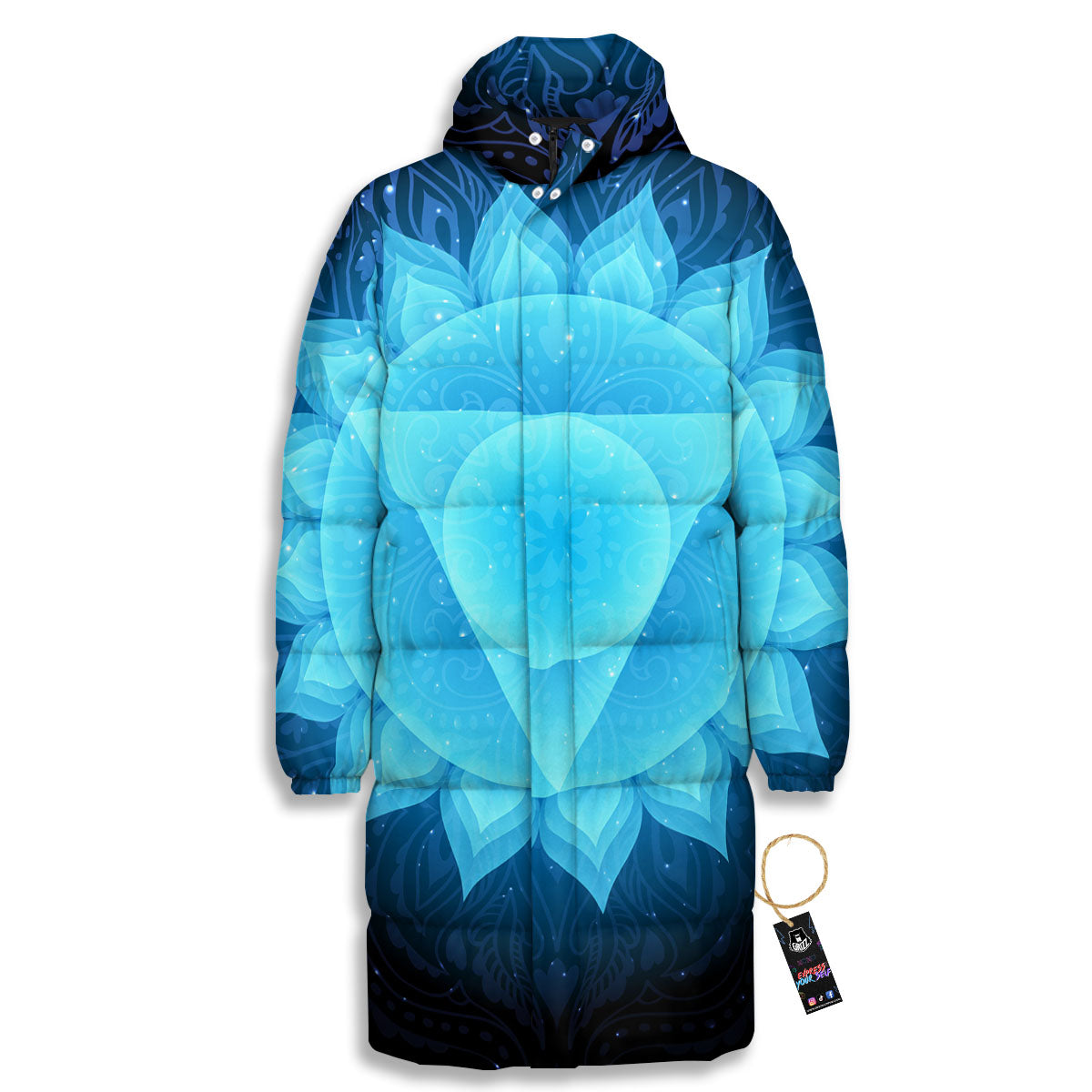 Spiritual Vishuddha Chakra Print Long Down Jacket-grizzshop