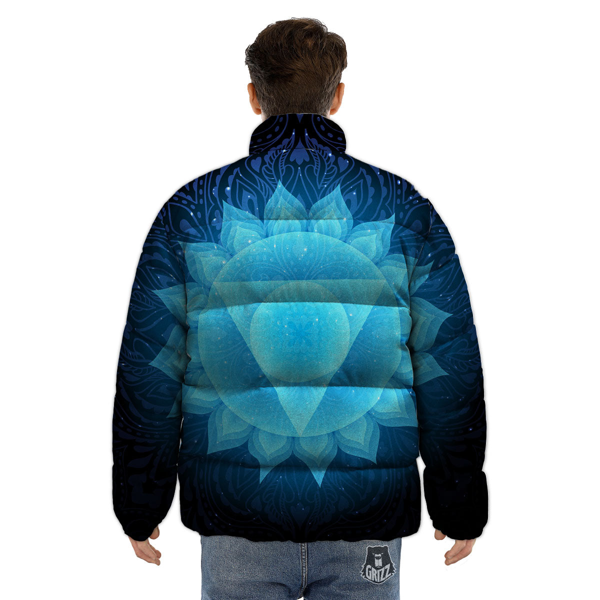Spiritual Vishuddha Chakra Print Puffer Jacket-grizzshop