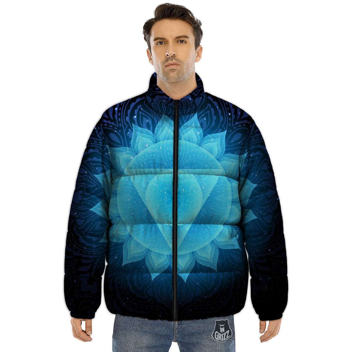 Spiritual Vishuddha Chakra Print Puffer Jacket-grizzshop