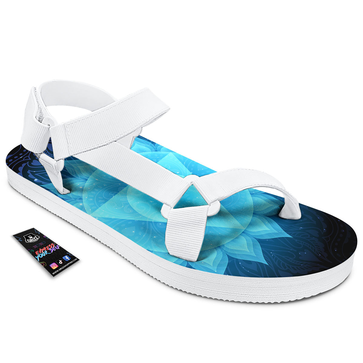 Spiritual Vishuddha Chakra Print White Open Toe Sandals-grizzshop