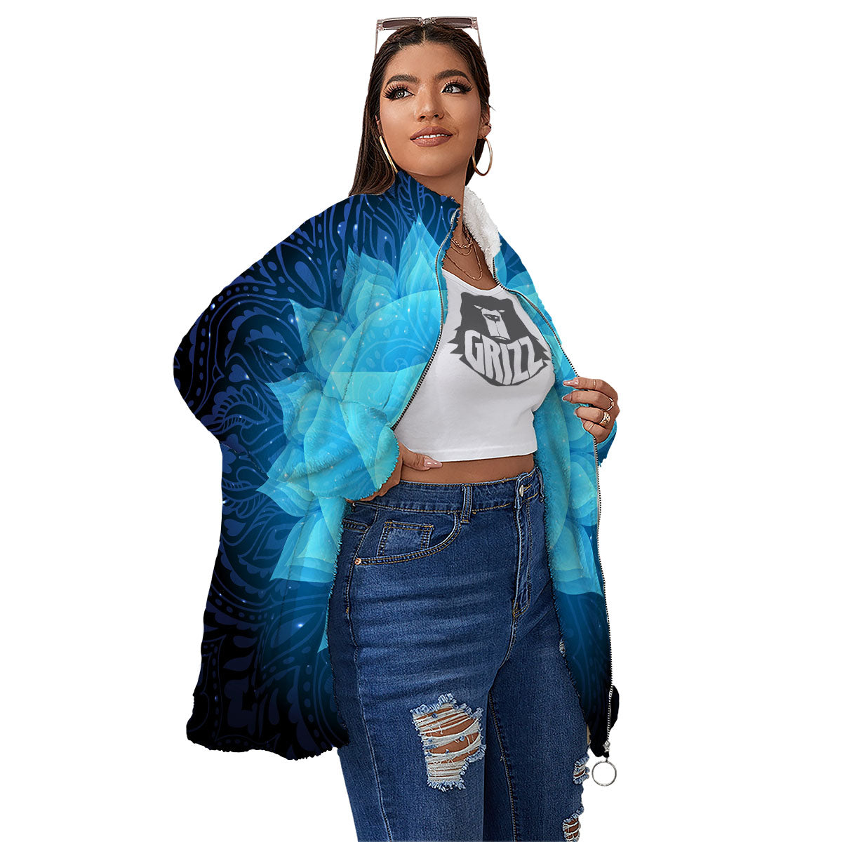 Spiritual Vishuddha Chakra Print Women's Sherpa Jacket-grizzshop