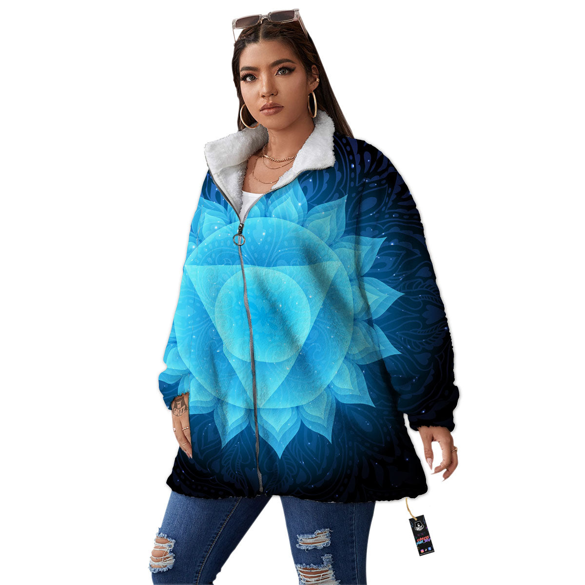 Spiritual Vishuddha Chakra Print Women's Sherpa Jacket-grizzshop