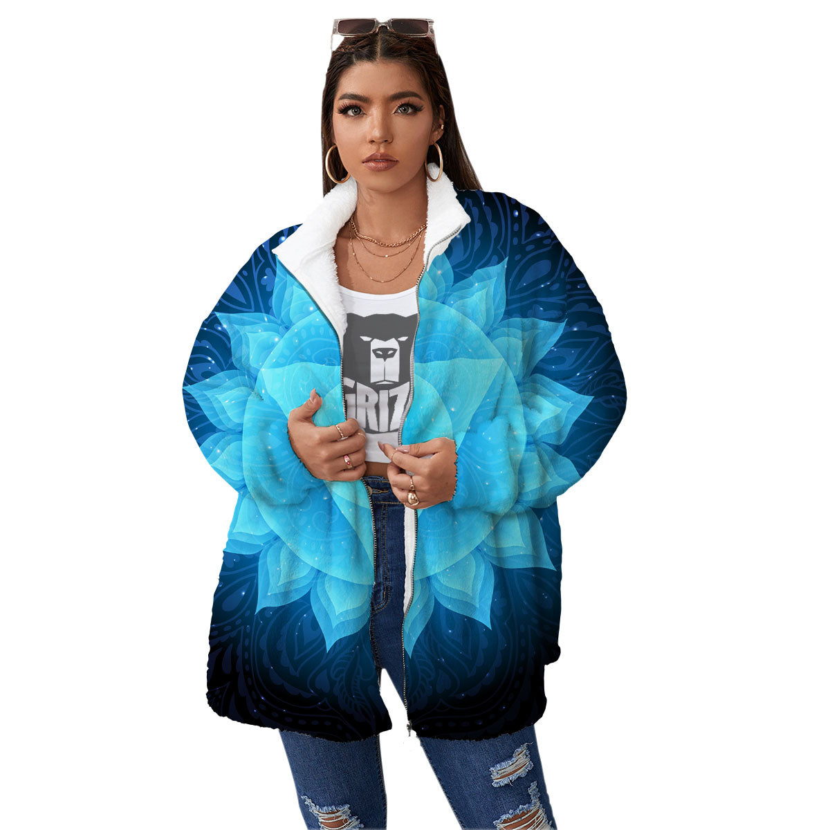 Spiritual Vishuddha Chakra Print Women's Sherpa Jacket-grizzshop