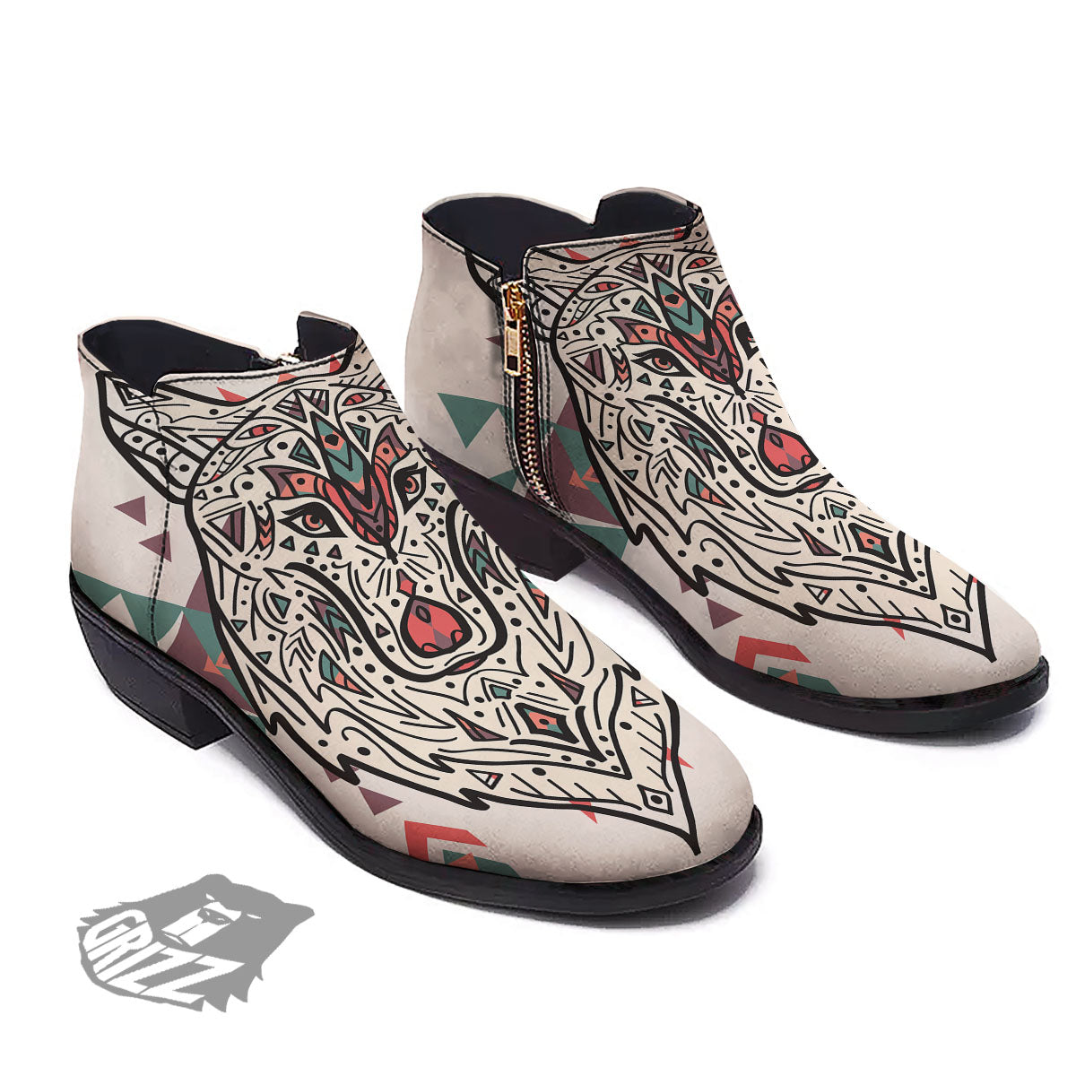 Spiritual Wolf Native American Print Ankle Boots-grizzshop
