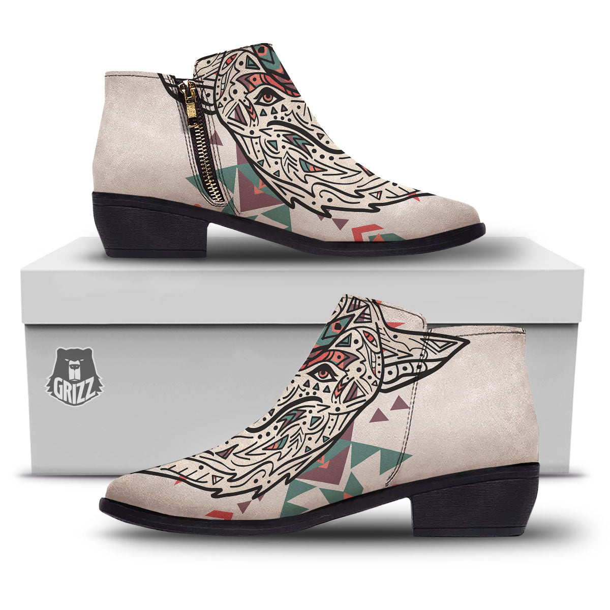 Spiritual Wolf Native American Print Ankle Boots-grizzshop