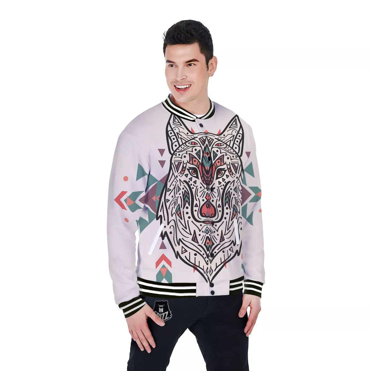 Spiritual Wolf Native American Print Baseball Jacket-grizzshop