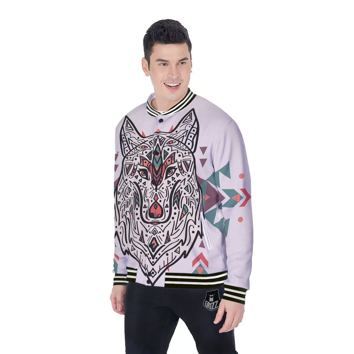 Spiritual Wolf Native American Print Baseball Jacket-grizzshop