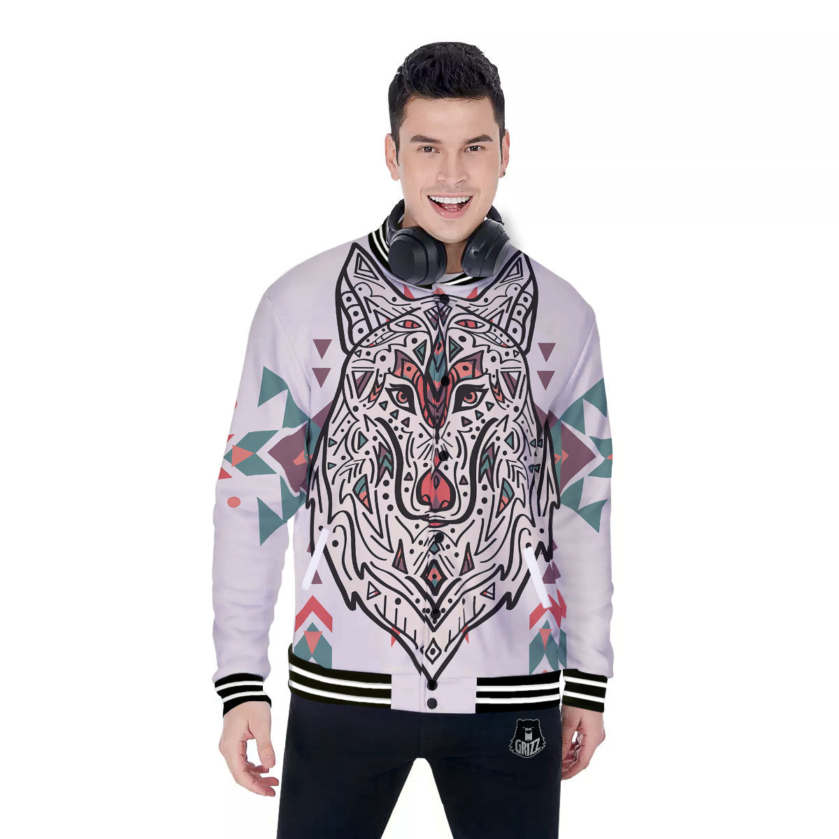 Spiritual Wolf Native American Print Baseball Jacket-grizzshop