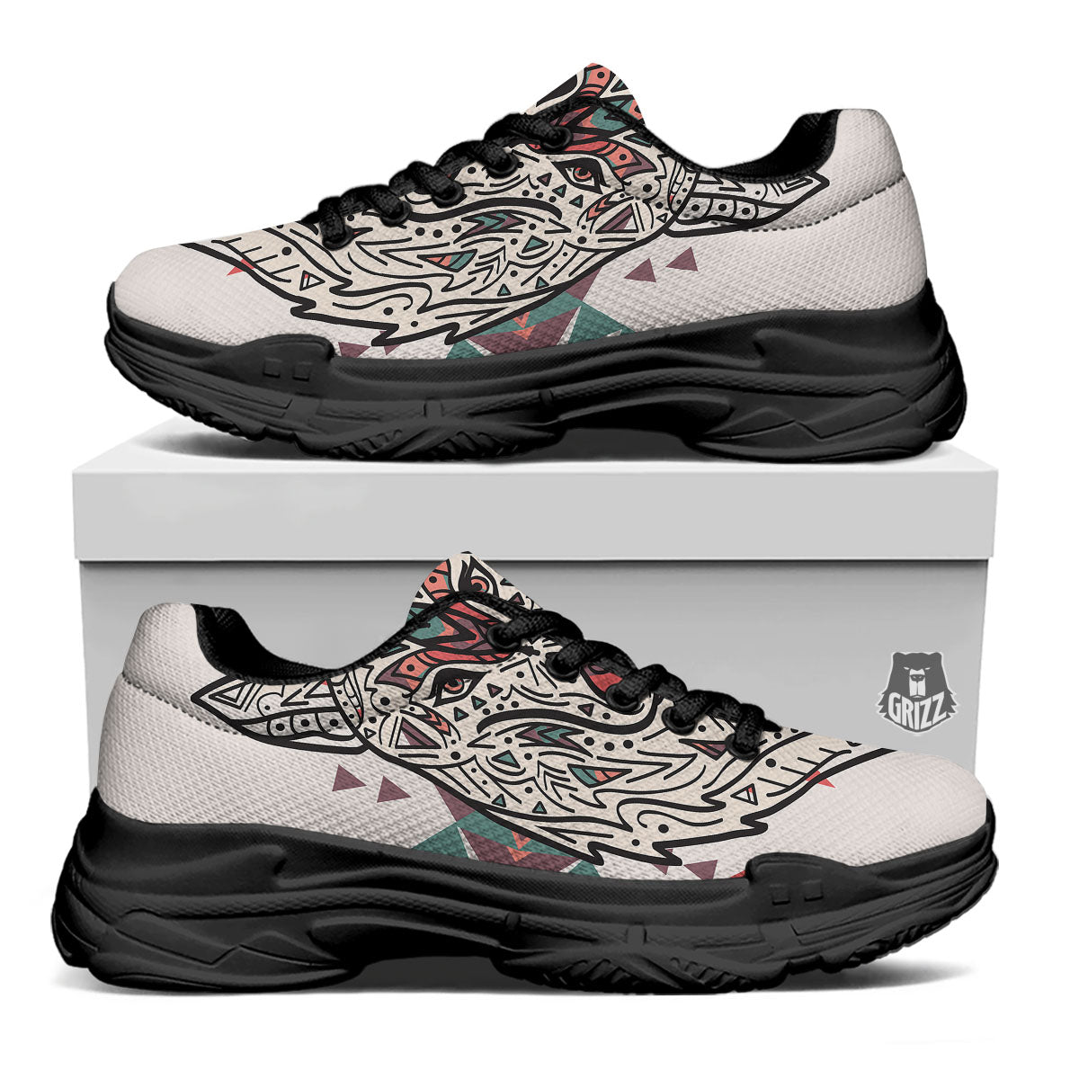 Spiritual Wolf Native American Print Black Chunky Shoes-grizzshop