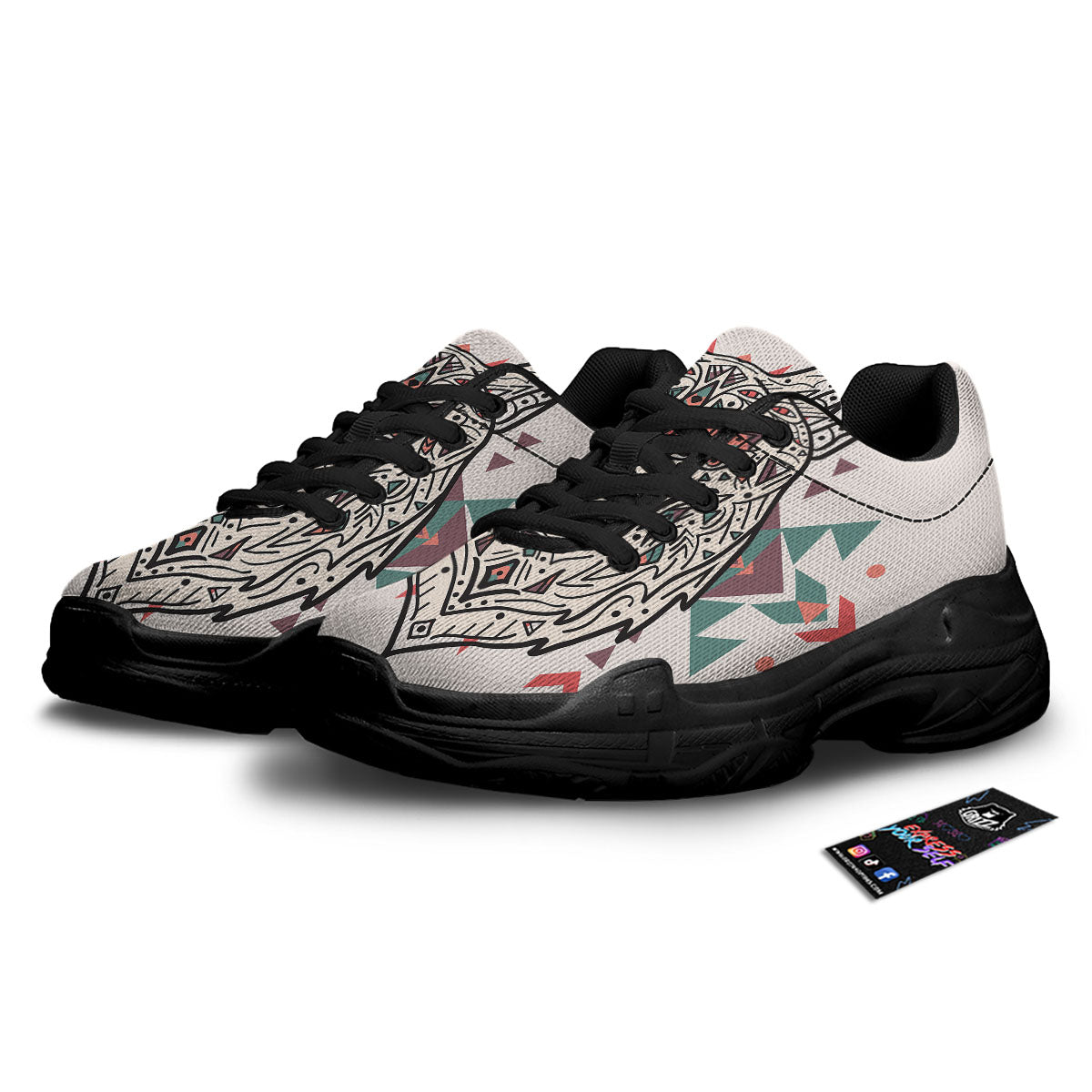 Spiritual Wolf Native American Print Black Chunky Shoes-grizzshop
