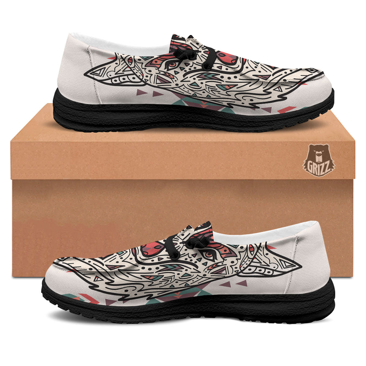 Spiritual Wolf Native American Print Black Loafers-grizzshop