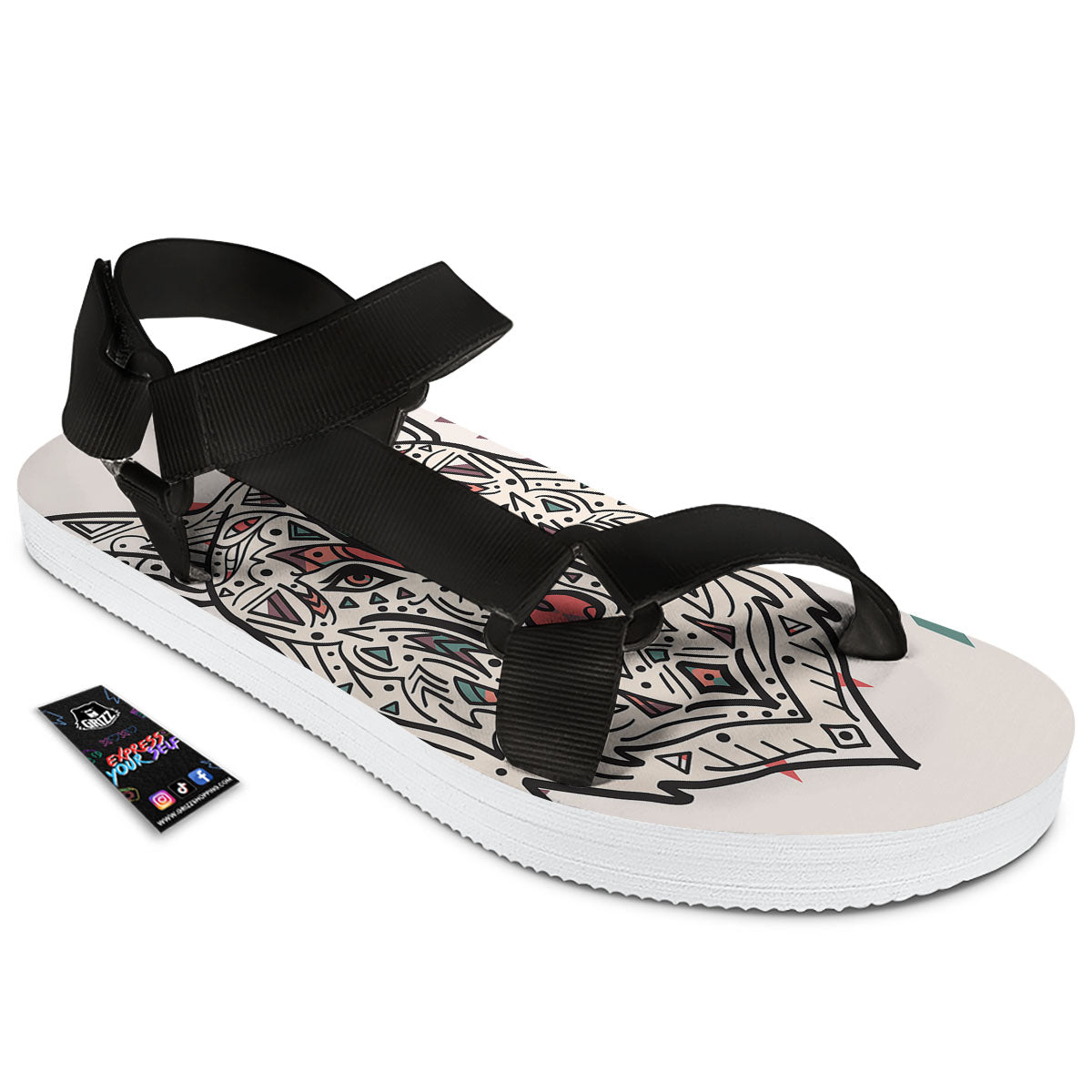 Spiritual Wolf Native American Print Black Open Toe Sandals-grizzshop