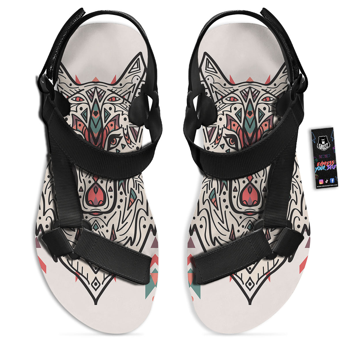 Spiritual Wolf Native American Print Black Open Toe Sandals-grizzshop