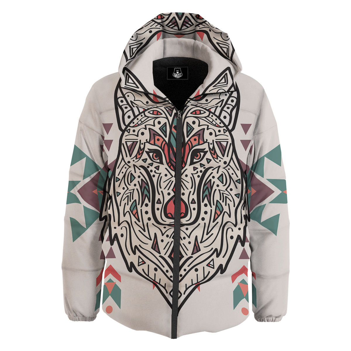 Spiritual Wolf Native American Print Down Jacket-grizzshop