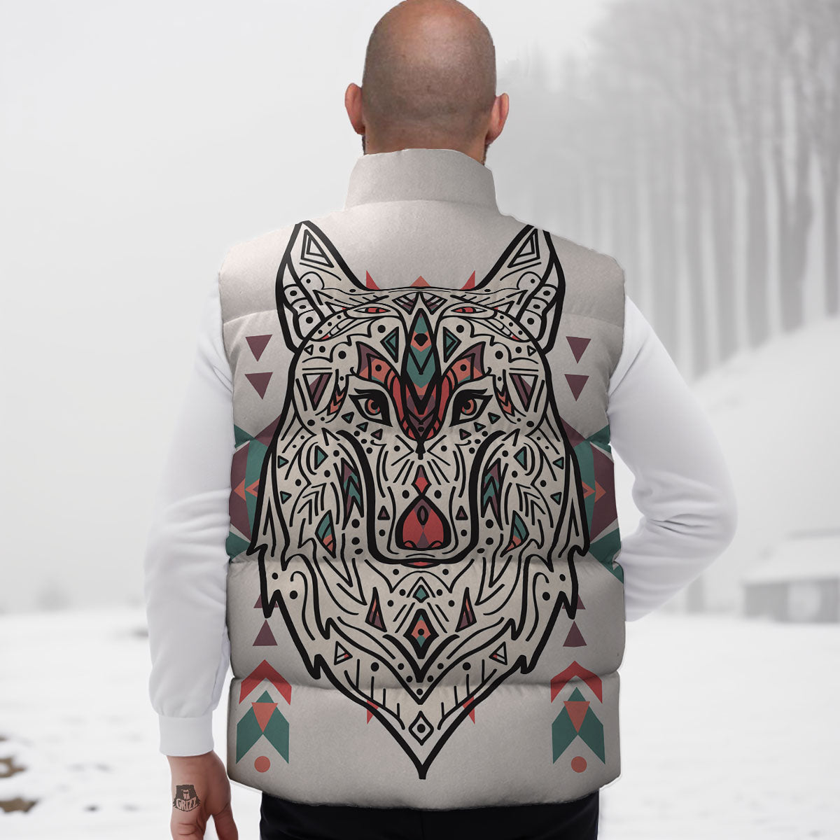 Spiritual Wolf Native American Print Down Vest