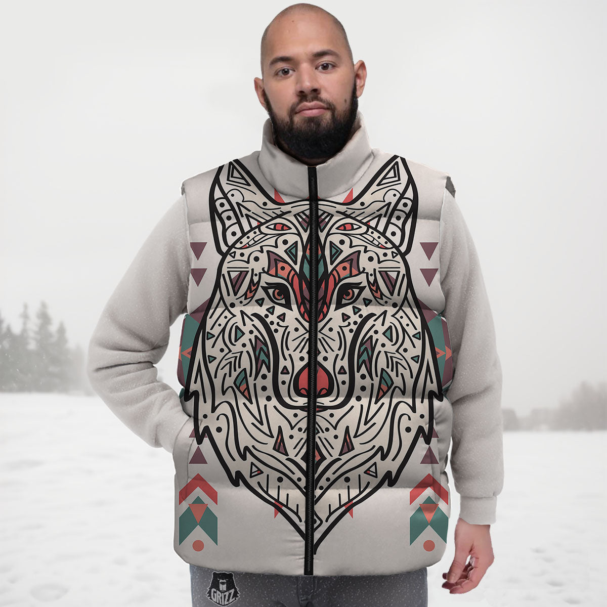 Spiritual Wolf Native American Print Down Vest