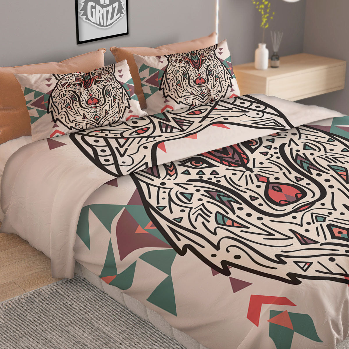 Spiritual Wolf Native American Print Duvet Cover Bedding Set