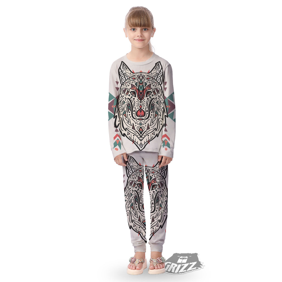 Spiritual Wolf Native American Print Kid's Pajamas-grizzshop