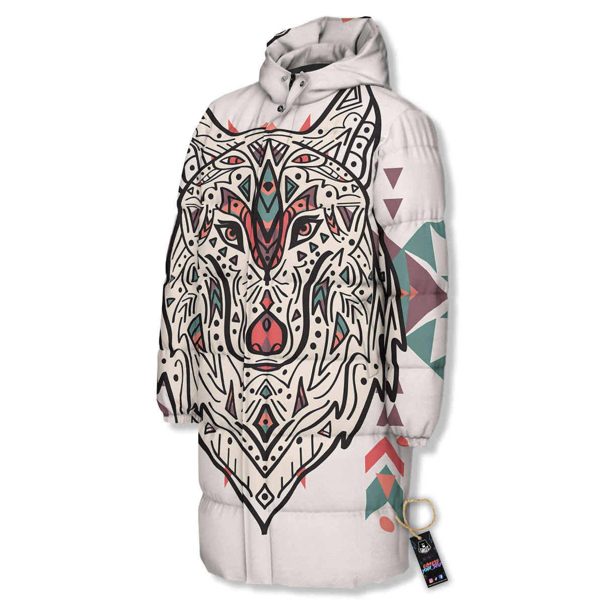 Spiritual Wolf Native American Print Long Down Jacket-grizzshop