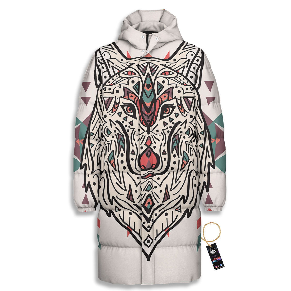 Spiritual Wolf Native American Print Long Down Jacket-grizzshop
