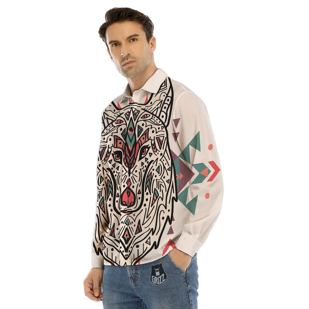 Spiritual Wolf Native American Print Men's Dress Shirts-grizzshop