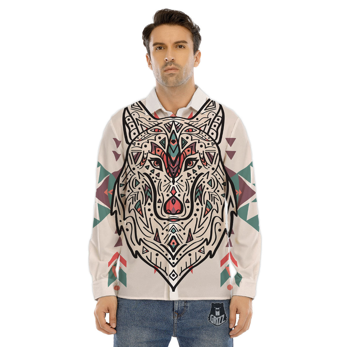 Spiritual Wolf Native American Print Men's Dress Shirts-grizzshop