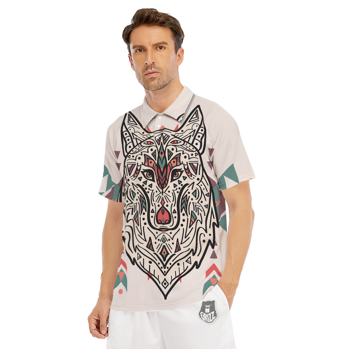 Spiritual Wolf Native American Print Men's Golf Shirts-grizzshop