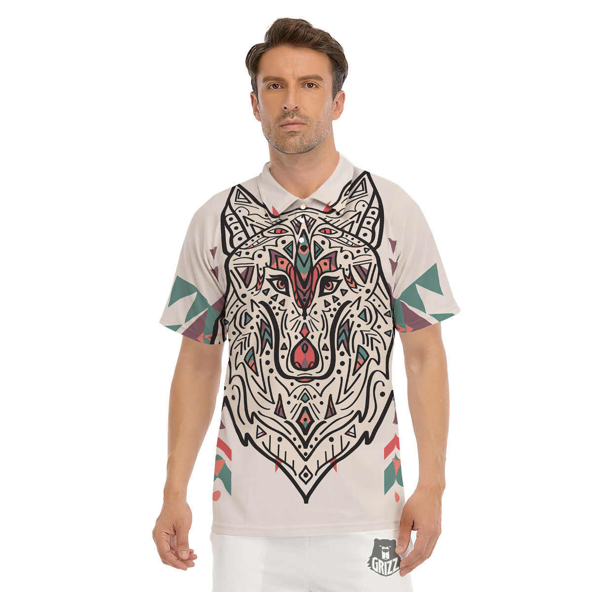 Spiritual Wolf Native American Print Men's Golf Shirts-grizzshop