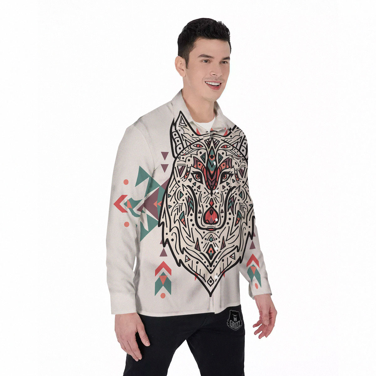 Spiritual Wolf Native American Print Men's Long Sleeve Shirts-grizzshop