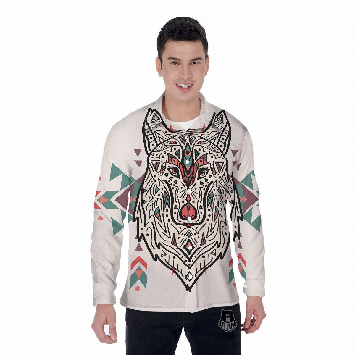 Spiritual Wolf Native American Print Men's Long Sleeve Shirts-grizzshop