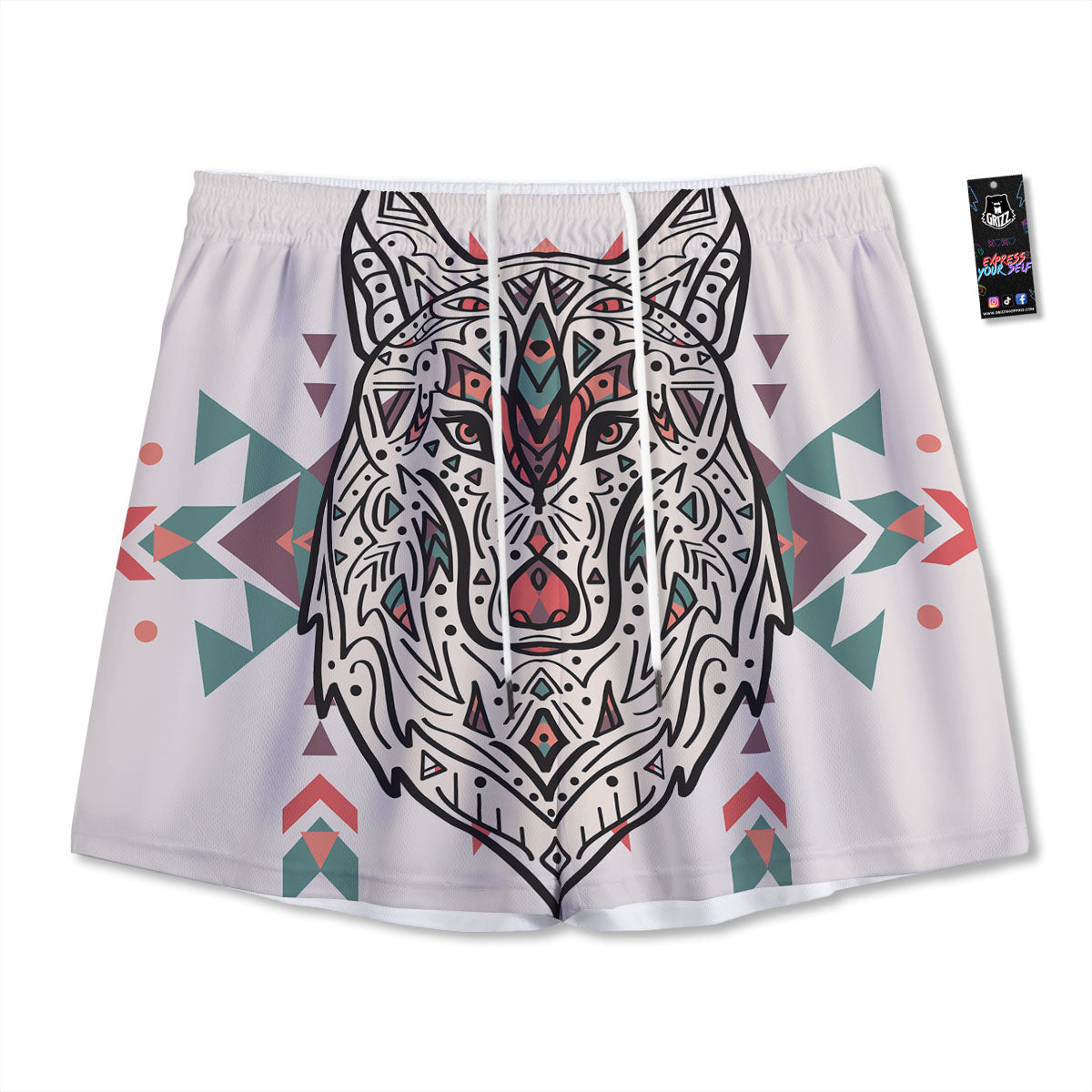 Spiritual Wolf Native American Print Mesh Shorts
