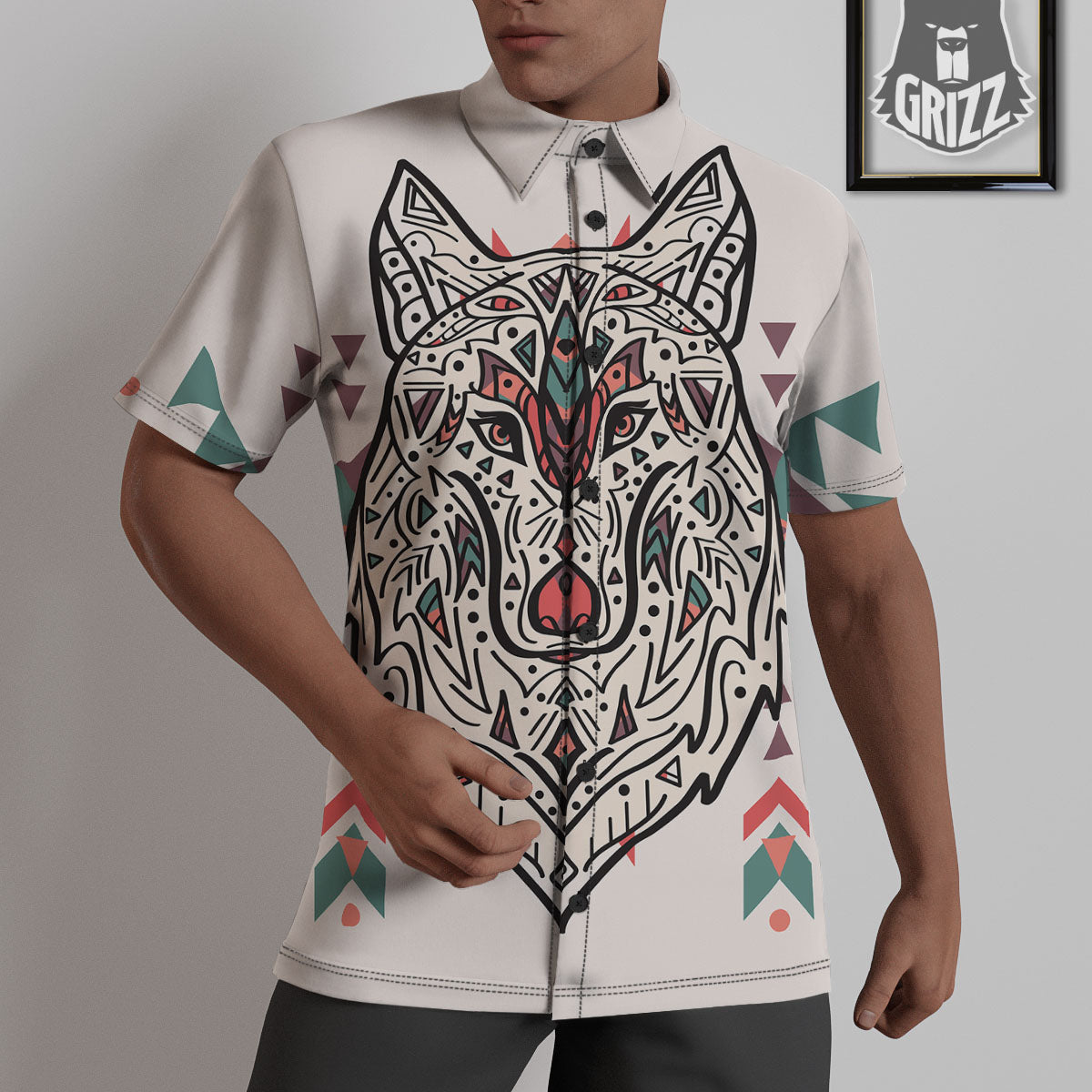 Spiritual Wolf Native American Print Untucked Shirts-grizzshop