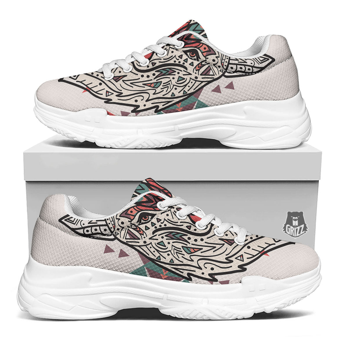 Spiritual Wolf Native American Print White Chunky Shoes-grizzshop