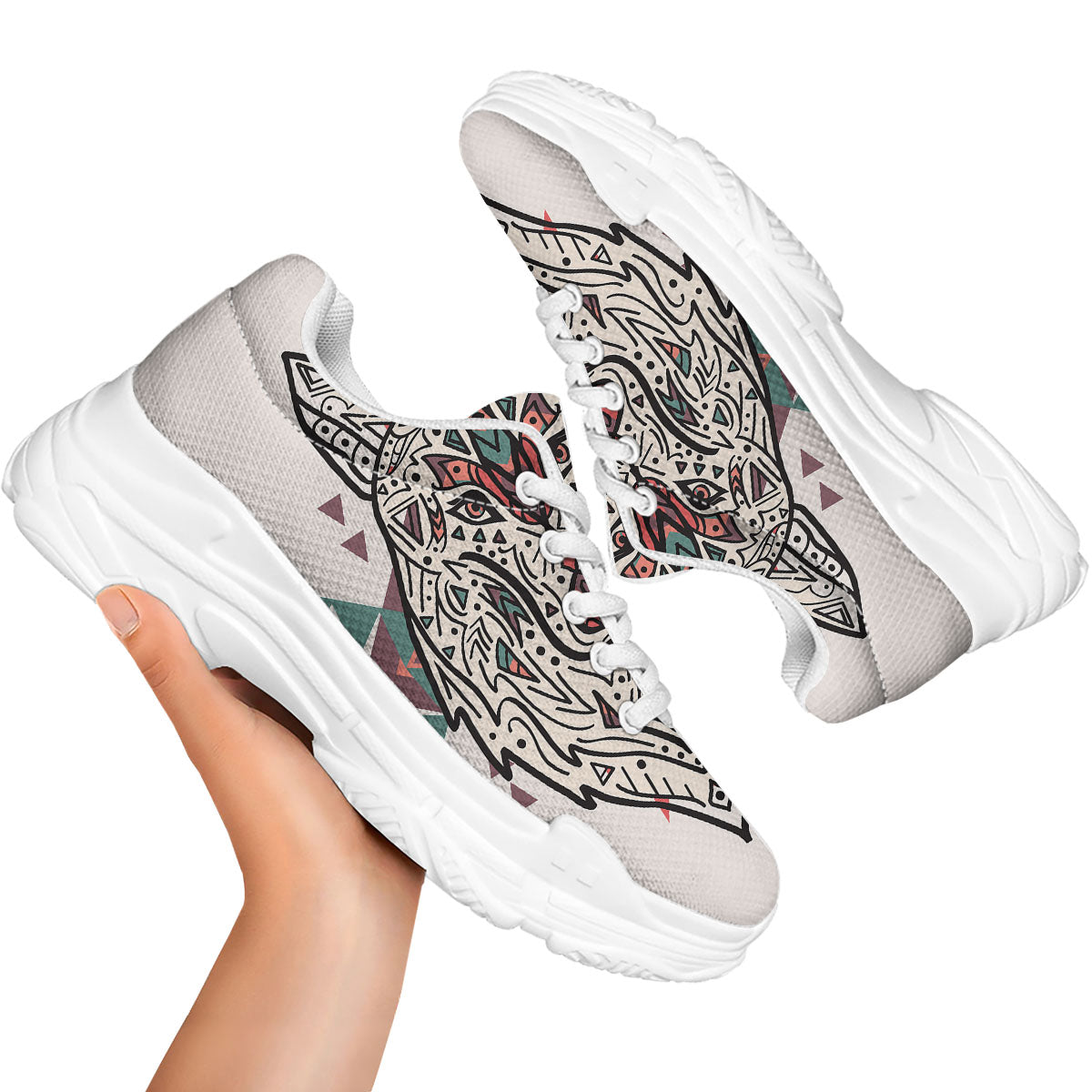 Spiritual Wolf Native American Print White Chunky Shoes-grizzshop