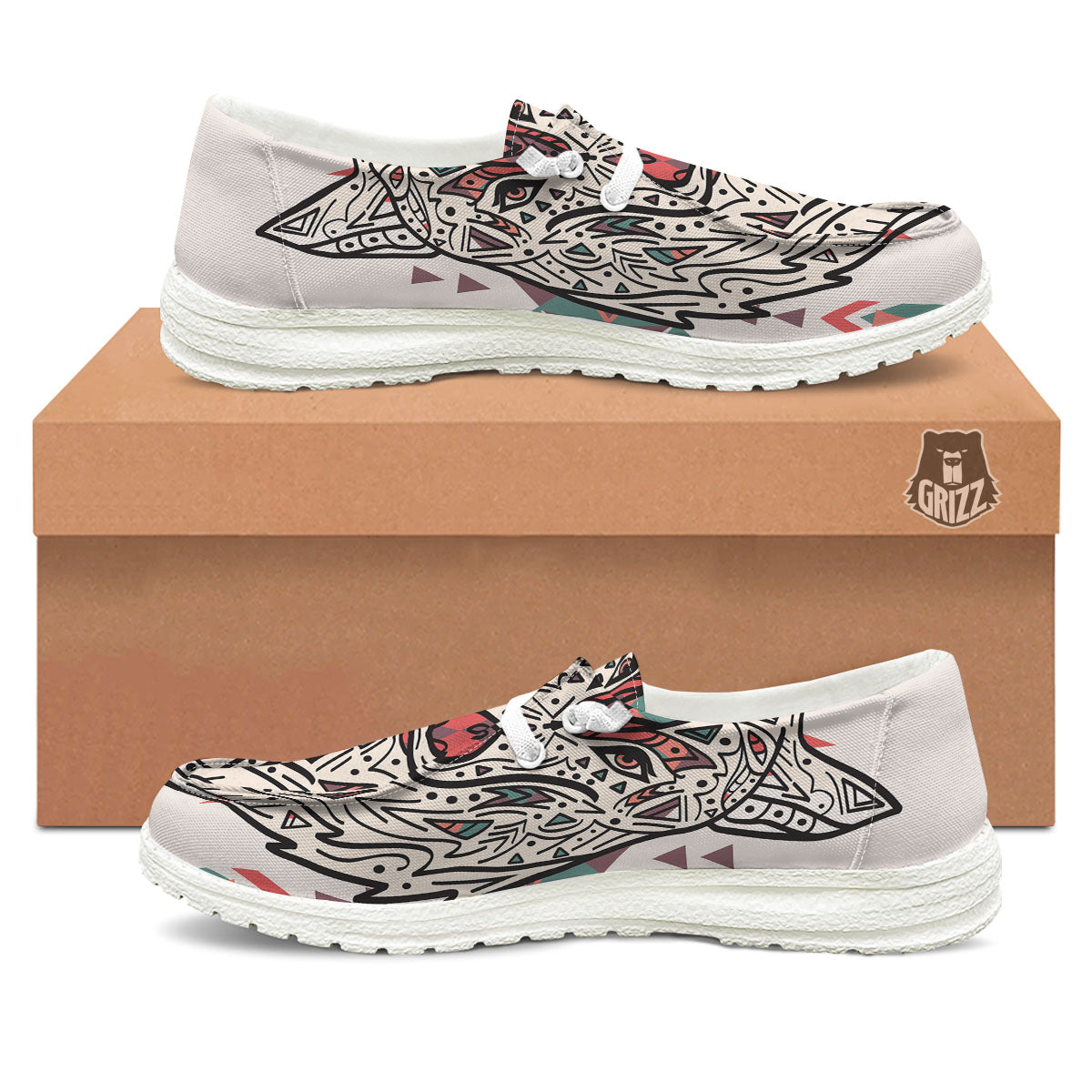 Spiritual Wolf Native American Print White Loafers-grizzshop