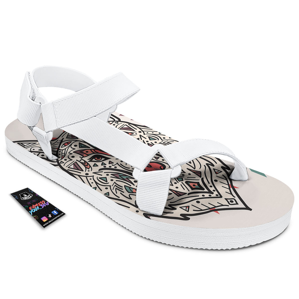 Spiritual Wolf Native American Print White Open Toe Sandals-grizzshop