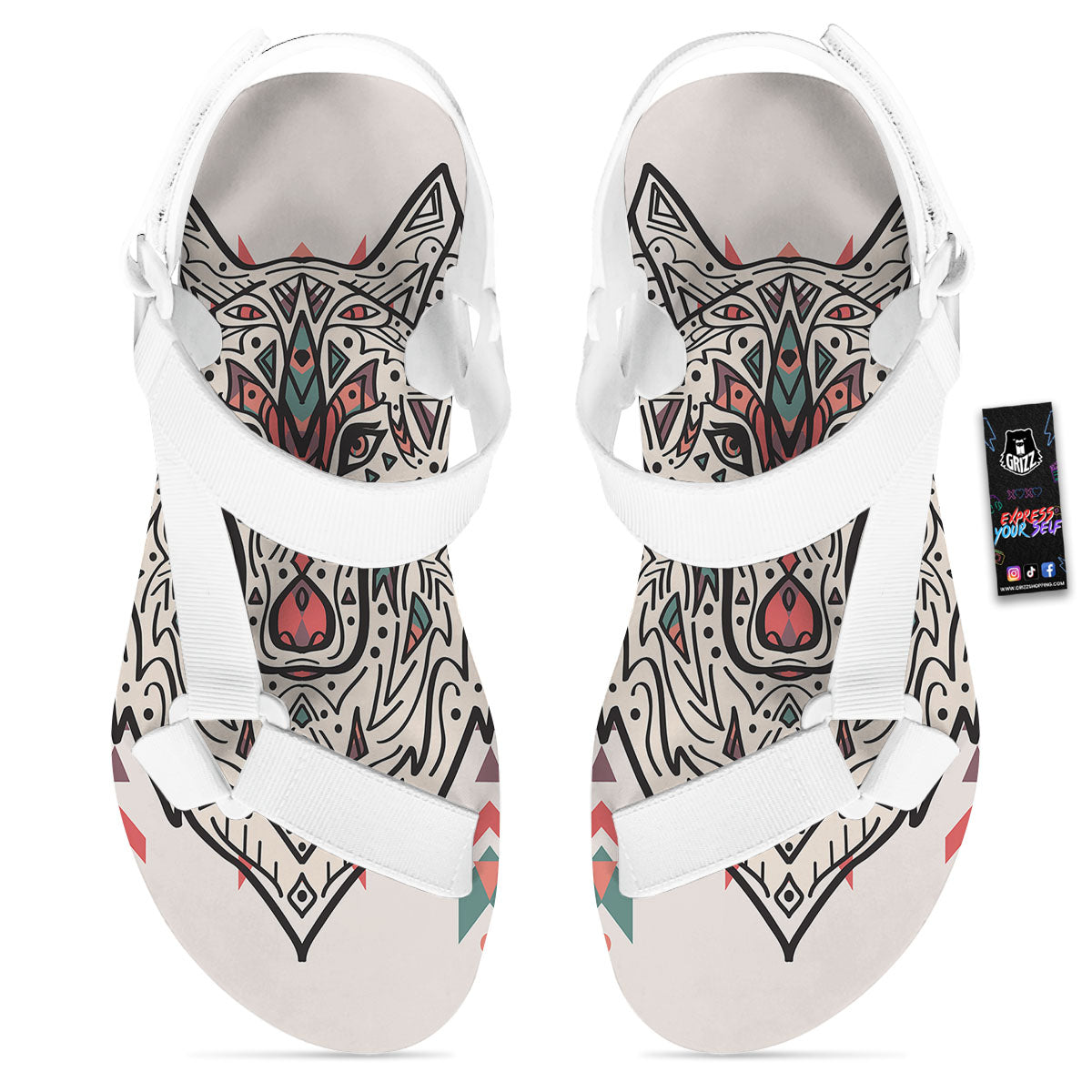 Spiritual Wolf Native American Print White Open Toe Sandals-grizzshop